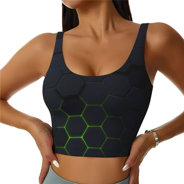 Balery Modern Hexagonal Neon Grid Sujetadores deportivos con espalda cruzada para mujer, acolchados, sin costuras, de alto impacto, ideales para yoga, gimnasio, entrenamiento y fitness.-