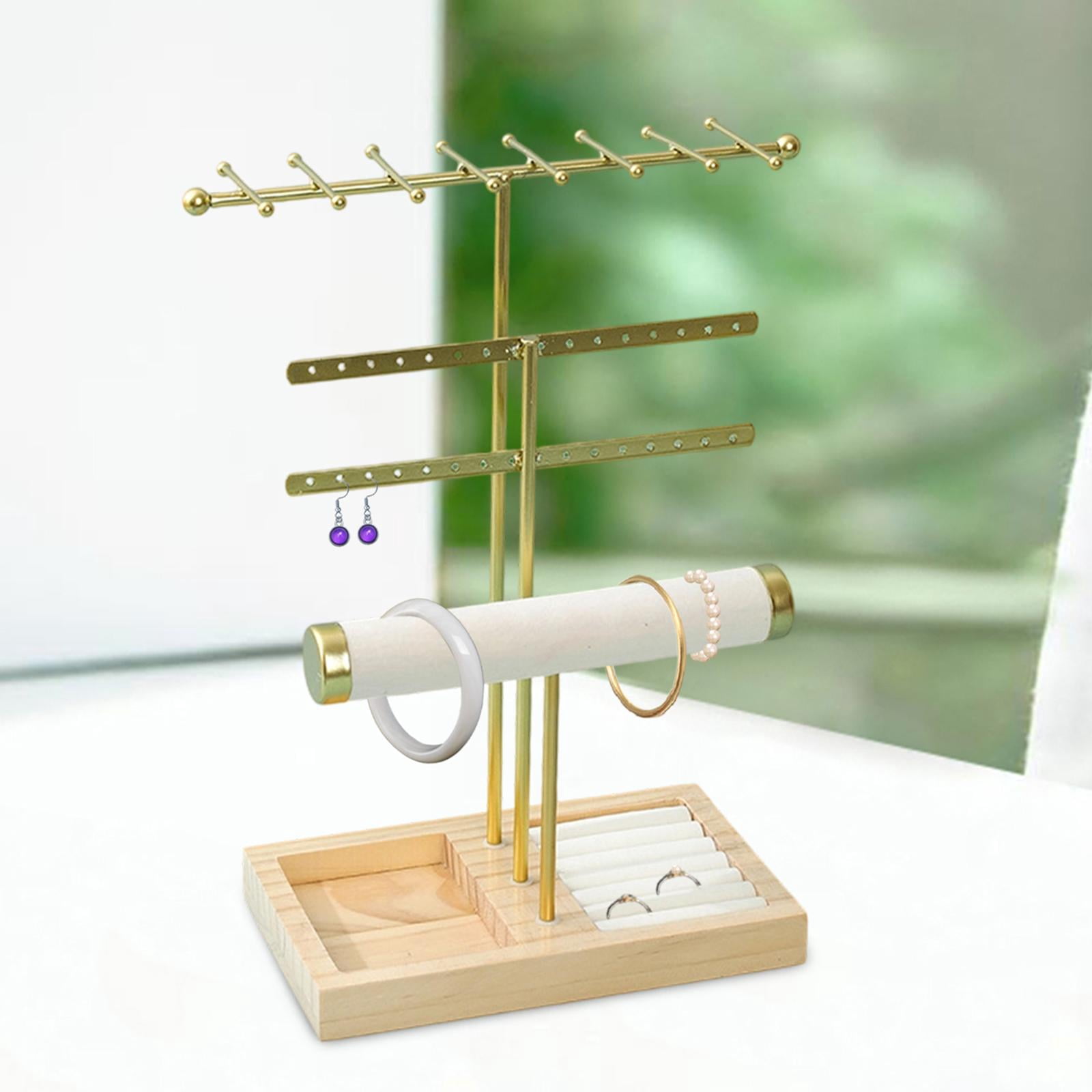 Jewelry Organizer Earring Holder Necklace Hanger with Wooden Base for Home Tabletop Dresser