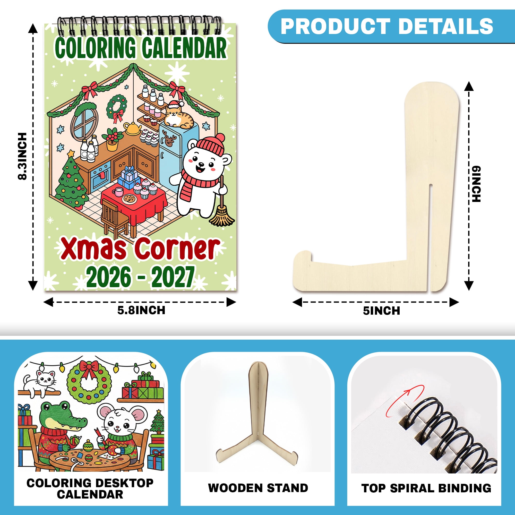 Xmas Corner Coloring Desk Calendar 2026–2027, A5 Wooden Cover Planner with 26 Easy Coloring Pages for Adult Relaxation, 24 Month Desktop Calendar with Stand, Gift for Family & Friends