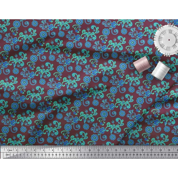 Soimoi Rayon Crepe Fabric Leaves & Floral Clip Art Print Fabric by the Yard 46 Inch Wide