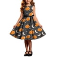 thumbnail image 2 of Girls Halloween Printed Dress Crew Neck Sleeveless Belted Back Zipper Costume Kids Trendy Casual A-Line Swing Dress Orange 01 5-6 Years, 2 of 7