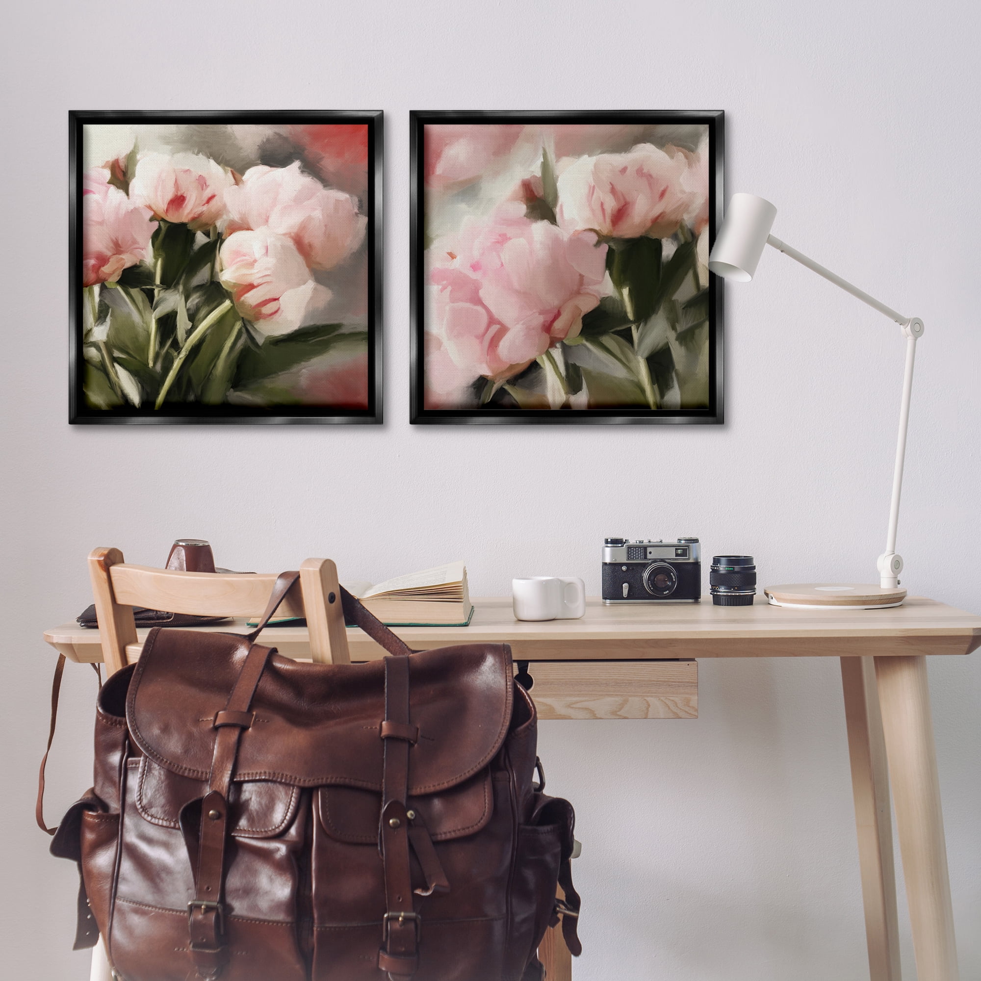 Stupell Industries Soft Pink Peony Arrangement Plants & Flowers Painting Black Floater Framed Canvas Art Print Wall Art, 25 x 25, Set of 2