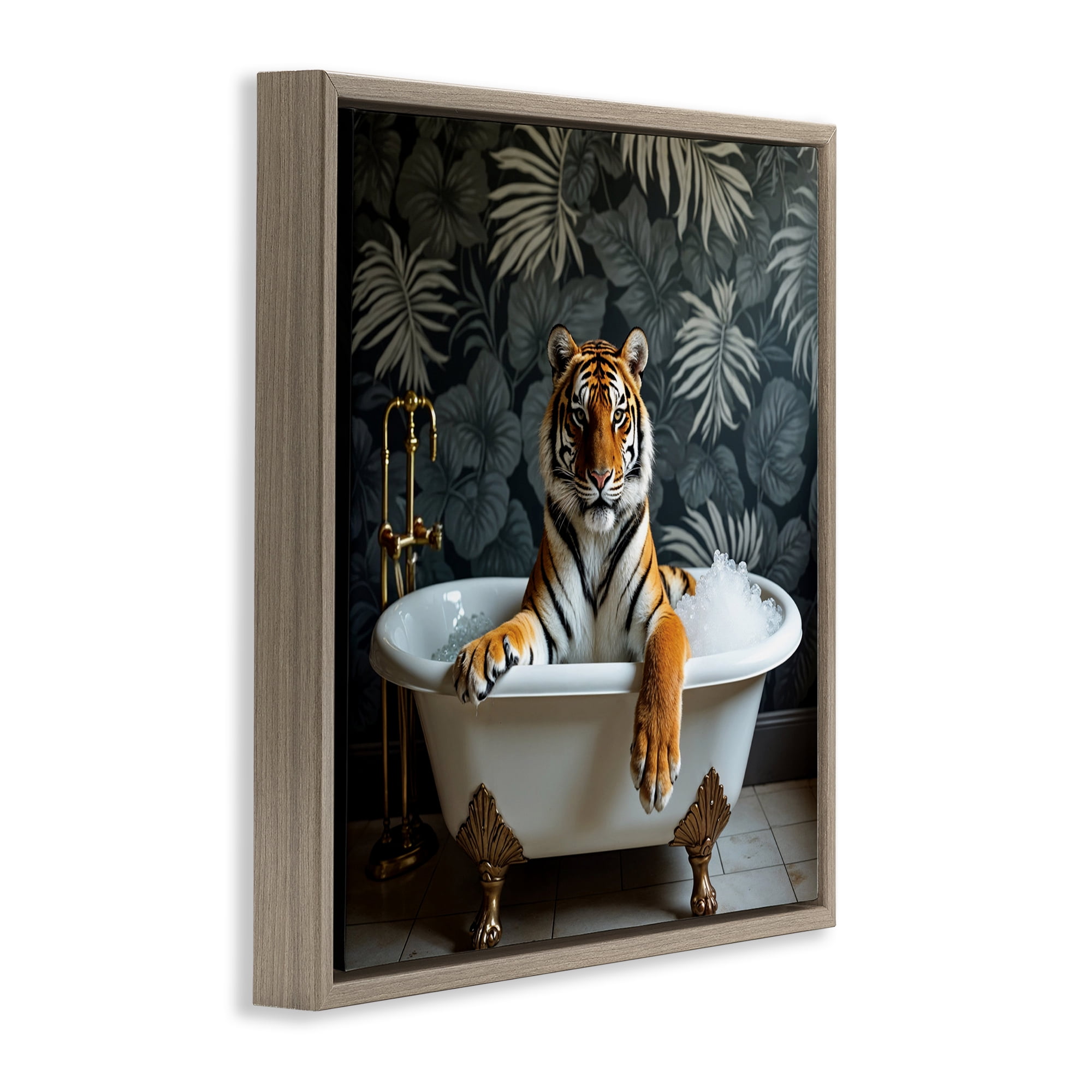 Tiger in Exotic Bubble Bath Brown Framed Floater Canvas Wall Art, design by Lettered and Lined