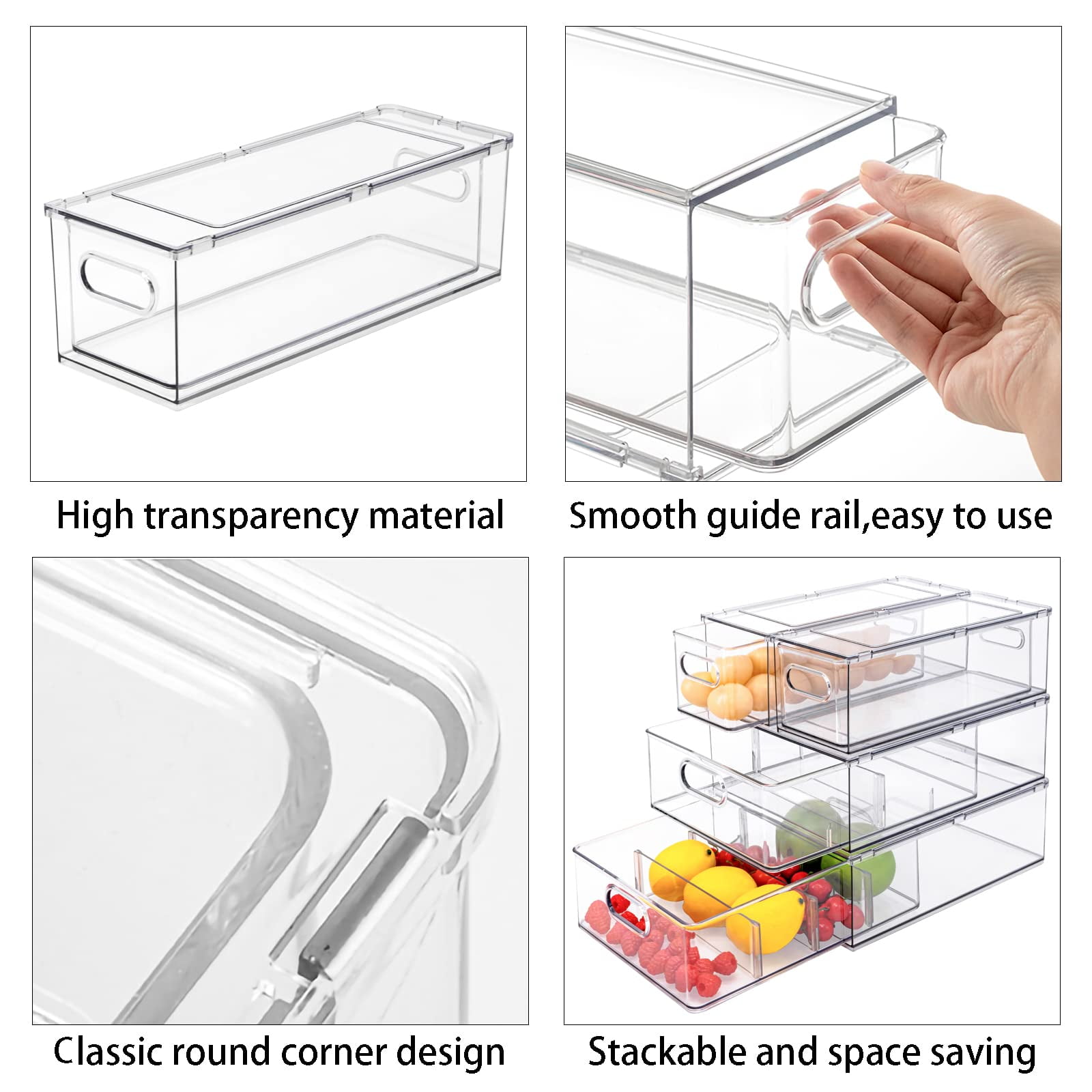4 Pack Stackable Refrigerator Organizer Bins Pull-out Drawers For Fruit And Veggies Storage Fridge Clear Drawer Containers With Handle Divided Organization Produce Saver