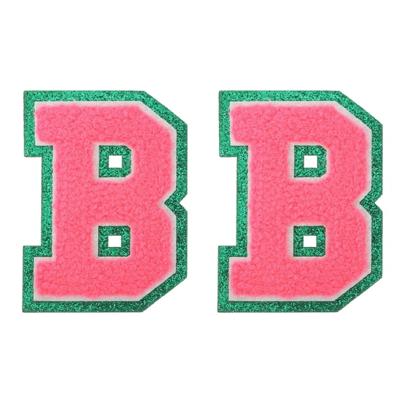 Uxcell 2 Pcs Chenille Letter Patches, 3.1" Sew on Letter B Iron on Patches Green Glitter Edged Alphabet Embroidered Appliques for Clothes Bags Hats DIY Supplies, Rose Red