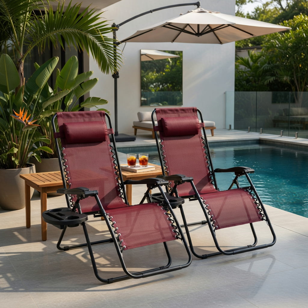 Hommoo Zero Gravity Folding Lounge Chair for Outdoor & Indoor Use, Heavy-Duty Steel Frame, Compact Foldable Design with Cup Holder & Adjustable Recline, Dark Red