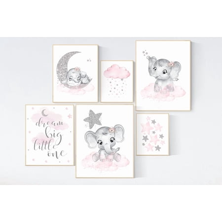 Elephant Nursery Pink And Silver Baby Girl Wall Art, Elegant Nursery Theme For Nursery And Playroom Decor