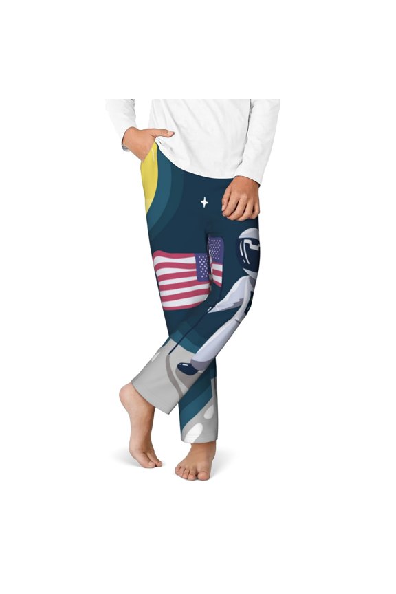 Astronaut With USA Flag Print Youth Home Trousers, Elastic Waistband with Pockets for Home and Outing, Suitable for Children Aged 5-16-Medium