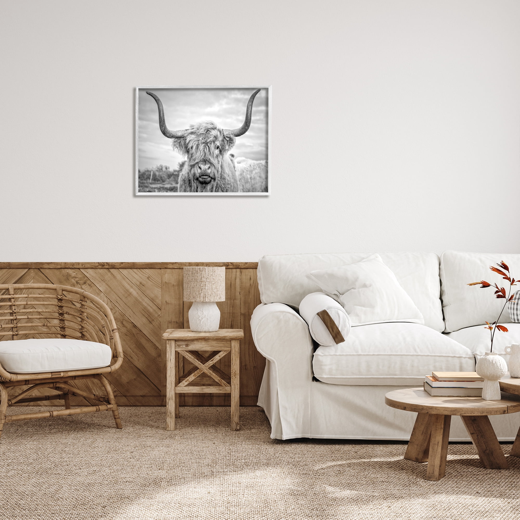 Stupell Industries Black and White Highland Cow Photograph White Framed Art Print Wall Art, 24x30, by Joe Reynolds