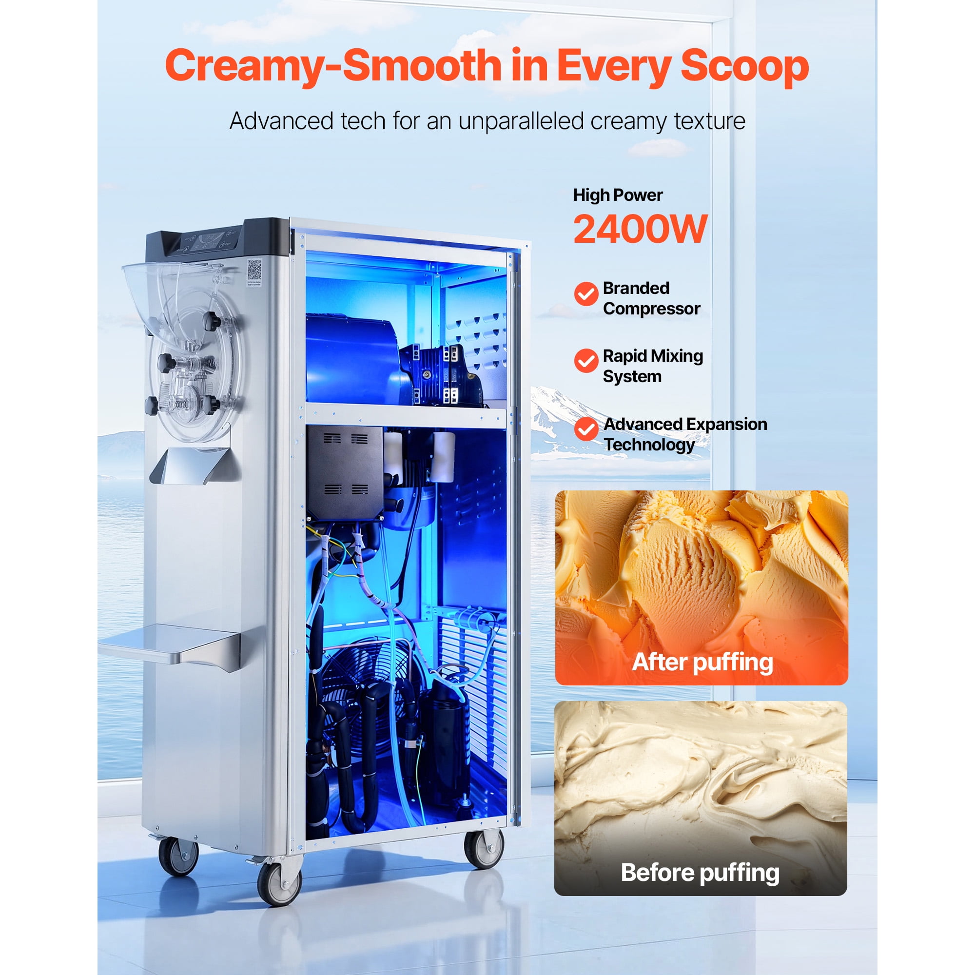 KFFKFF Commercial Hard Ice Cream Maker, 2400W, Produces 3.17-5.28 Gallons per Hour, Gelato Machine with 10L Stainless Steel Cylinder, Auto-Clean Function and LED Control Panel for Snack Bars