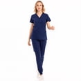 thumbnail image 5 of Xfvqtps Scrub Set for Women Solid Color V-Neck Stretch Scrub Top Elastic Waist Jogger Scrub Pants with Pocket Short Sleeve Working Nursing Uniforms Set Navy, 5 of 9