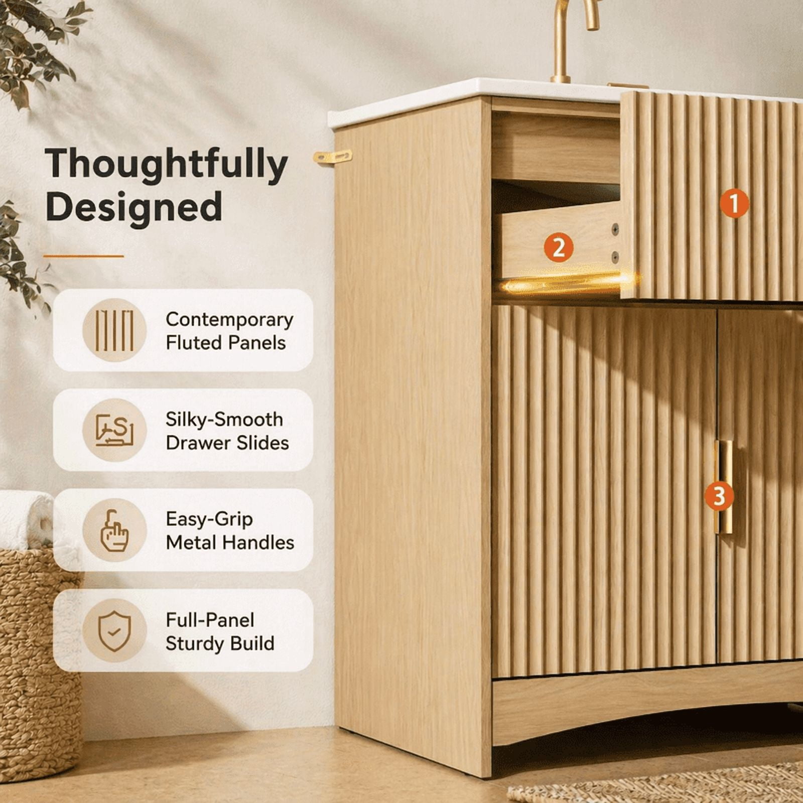30 Inch Bathroom Vanity with Ceramic Sink, Freestanding Bathroom Sink Cabinet with Fluted Doors, 2 Doors and 1 Drawer, Adjustable Shelf, Modern Bathroom Storage Combo, Natural Oak