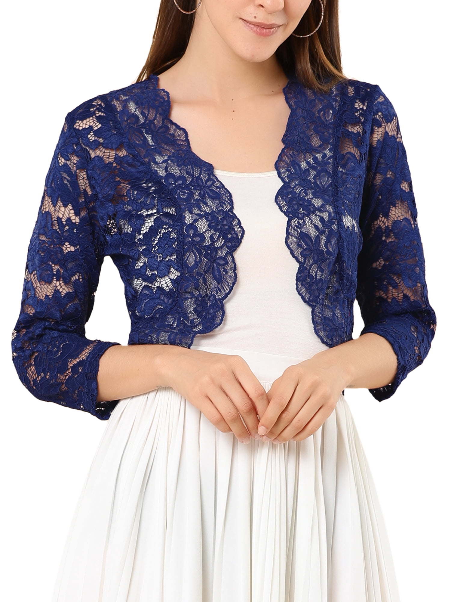 DARING DIVA 3/4 Sleeve Sheer Floral Lace Shrug Top 2XL Navy