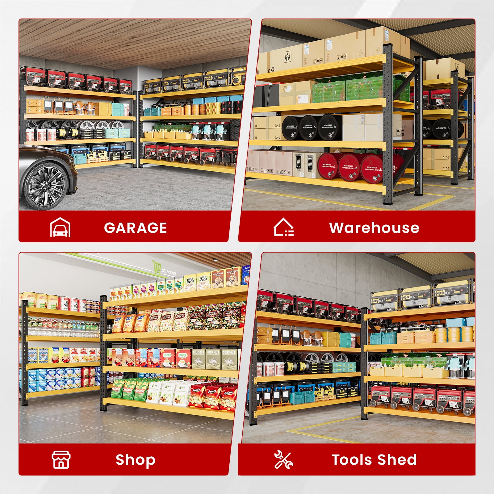 AUHUP 4-Tier Garage Storage Shelves 5000LBS Heavy Duty Metal Shelving 71" W Shelving Unit for Warehouse,Basement Industrial,Commercial Utility Rack Shelf,71"W x 24"D x 70"H, Black & Yellow