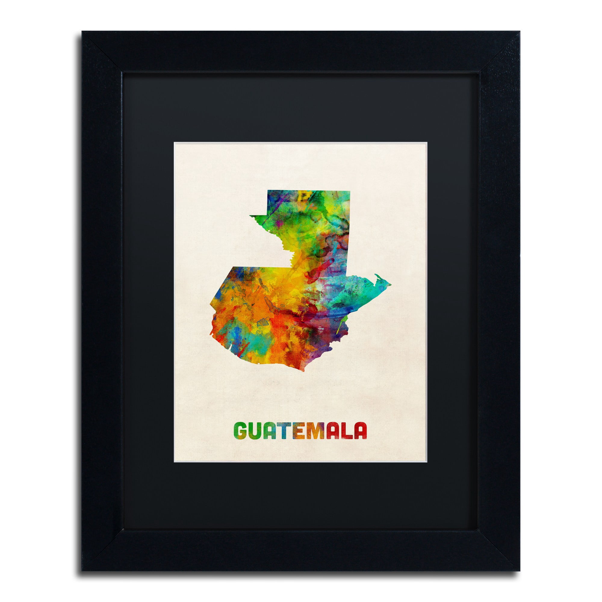Trademark Fine Art "Guatemala Watercolor Map" Canvas Art by Michael Tompsett Black Matte, Black Frame