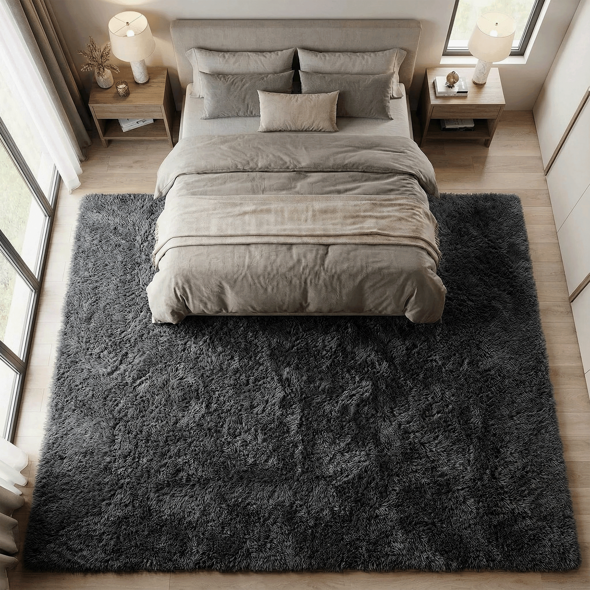 Rugs for Living Room, 8'x10' Soft Fluffy Area Rug for Bedroom, Plush Decorative Rug with Anti-Skid Backing, Indoor Home Carpet for Living Room, Dark Grey