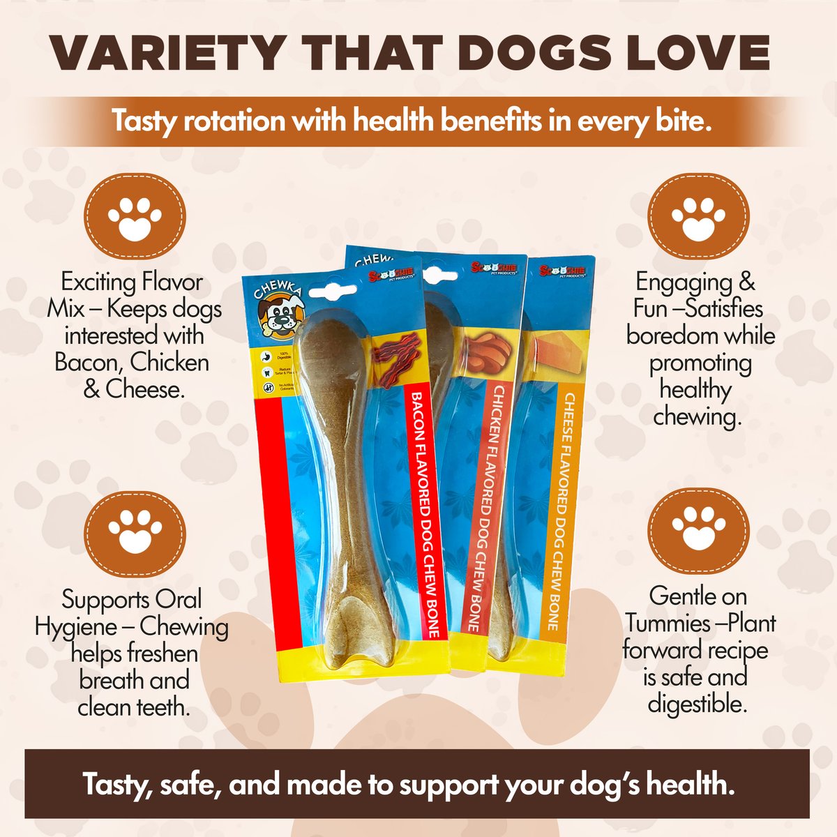 Scoochie Pet Chewka Mixed Variety Pack Bacon, Chicken & Cheese Flavored Plant-Forward Fully Digestible Dog Chew Bone, Large, 6CT