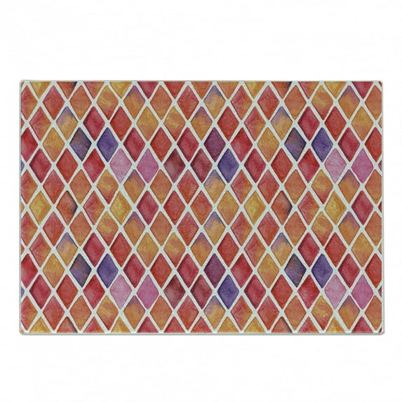 Abstract Cutting Board, Diamond Shaped Mosaic Crossed Geometric Forms in Watercolor Picture, Decorative Tempered Glass Cutting and Serving Board, Small Size, Orange Purple Pink, by Ambesonne