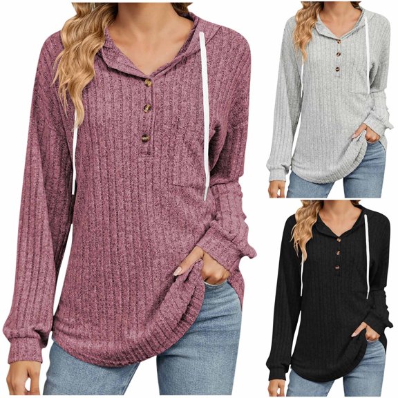 VEKDONE Ribbed Knit Hoodies for Women Solid Button Down Pullover Tops Long Sleeve Drawstring Hooded Sweatshirts Soft Loose Fit Lounge Sweatshirt
