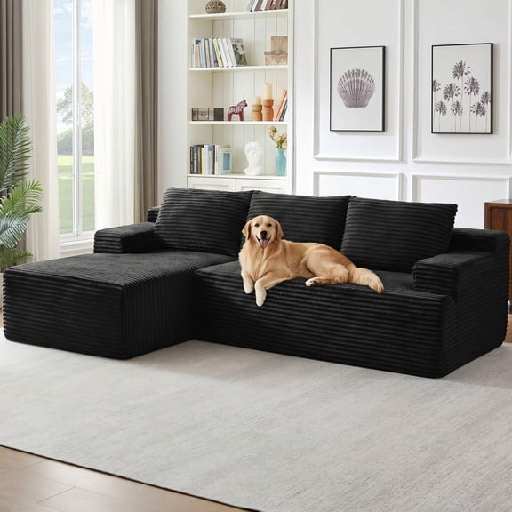 96" Boneless Cloud Couch with Chaise, Modular Sectional Sofa for Living Room, No Assembly Required, Deep Seat Corduroy Couch, Black