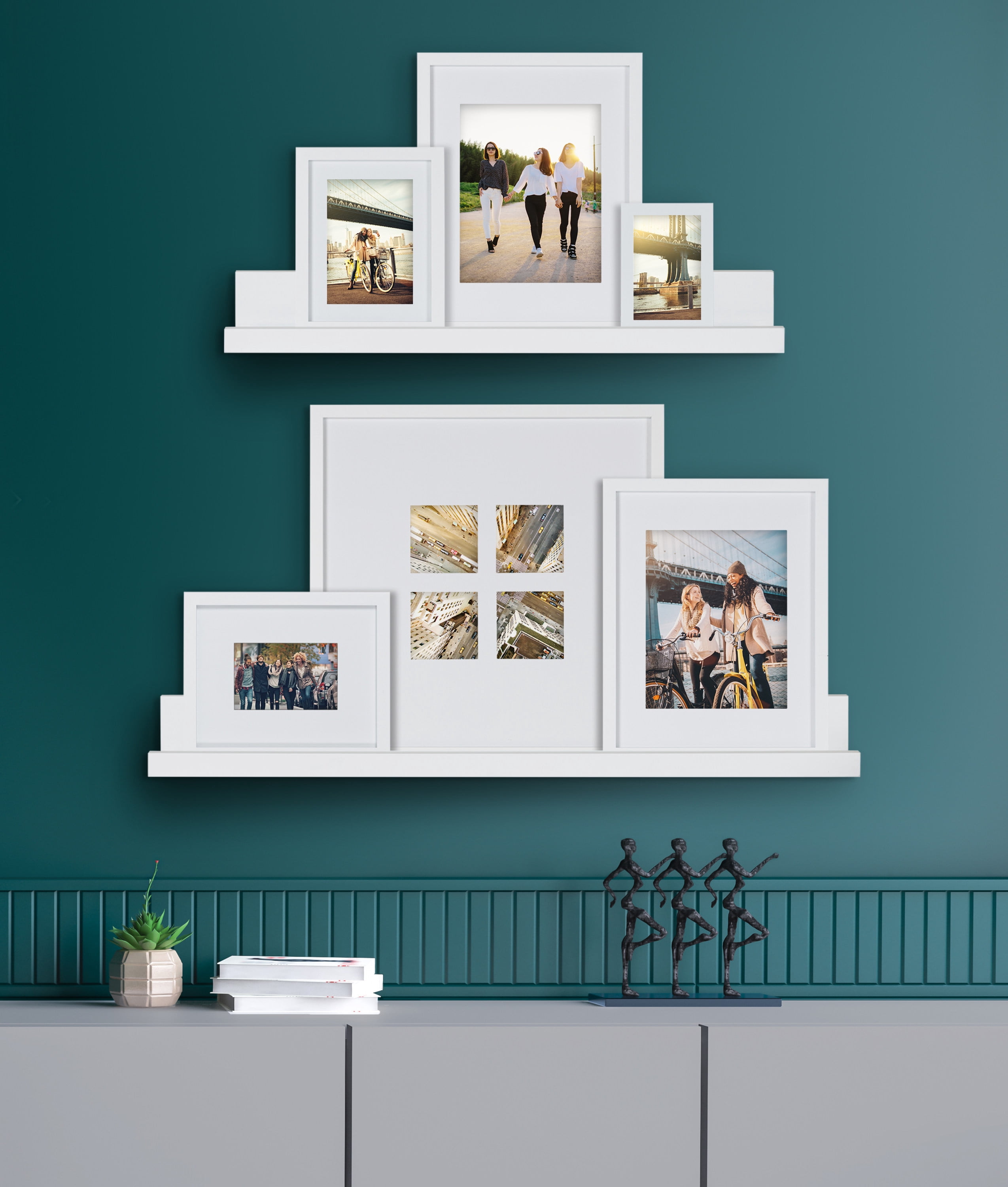 Kate and Laurel Gallery Transitional Frame and Shelf Set, Set of 8, White, Sophisticated Picture Frame Collage With Multiple Sizes Included