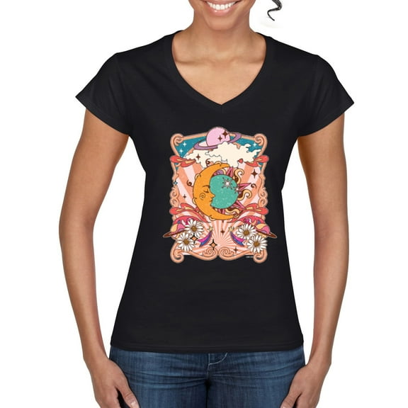 Wild Bobby Sun and Moon Groovy Vintage Daisy Flowers Stars Vintage Women Standard V-Neck Tee, Black, Small
