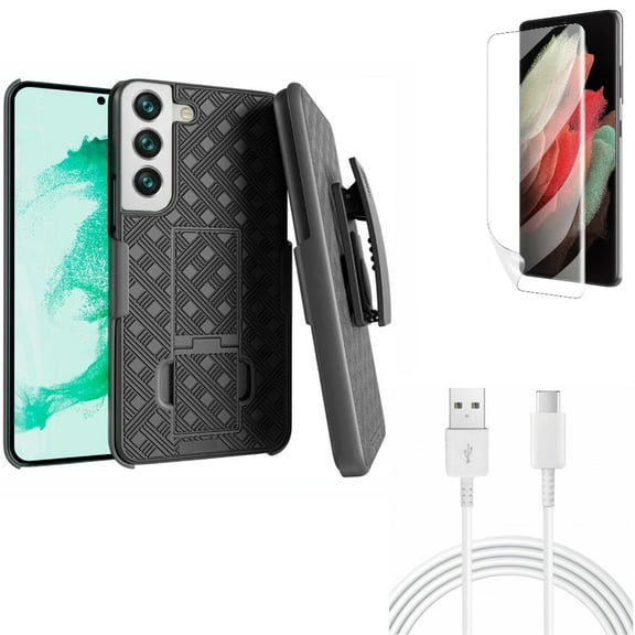 10ft USB-C Cable & Matte Screen Protector & Case Belt Clip for Samsung Galaxy S22 Plus (S22 ) - Combo Type-C Charger Cord Power & TPU Film Anti-Glare & Holster Swivel Cover