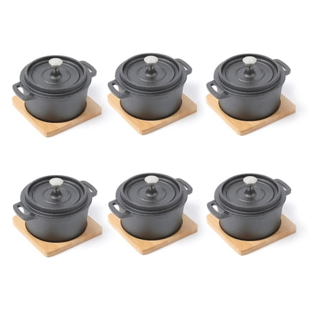 HAWOK Cast Iron Mini Round Cocotte Set, Dia.3.9”, 9oz. Mini Dutch Oven with Bamboo Tray, Set of 6, Pre-seasoned