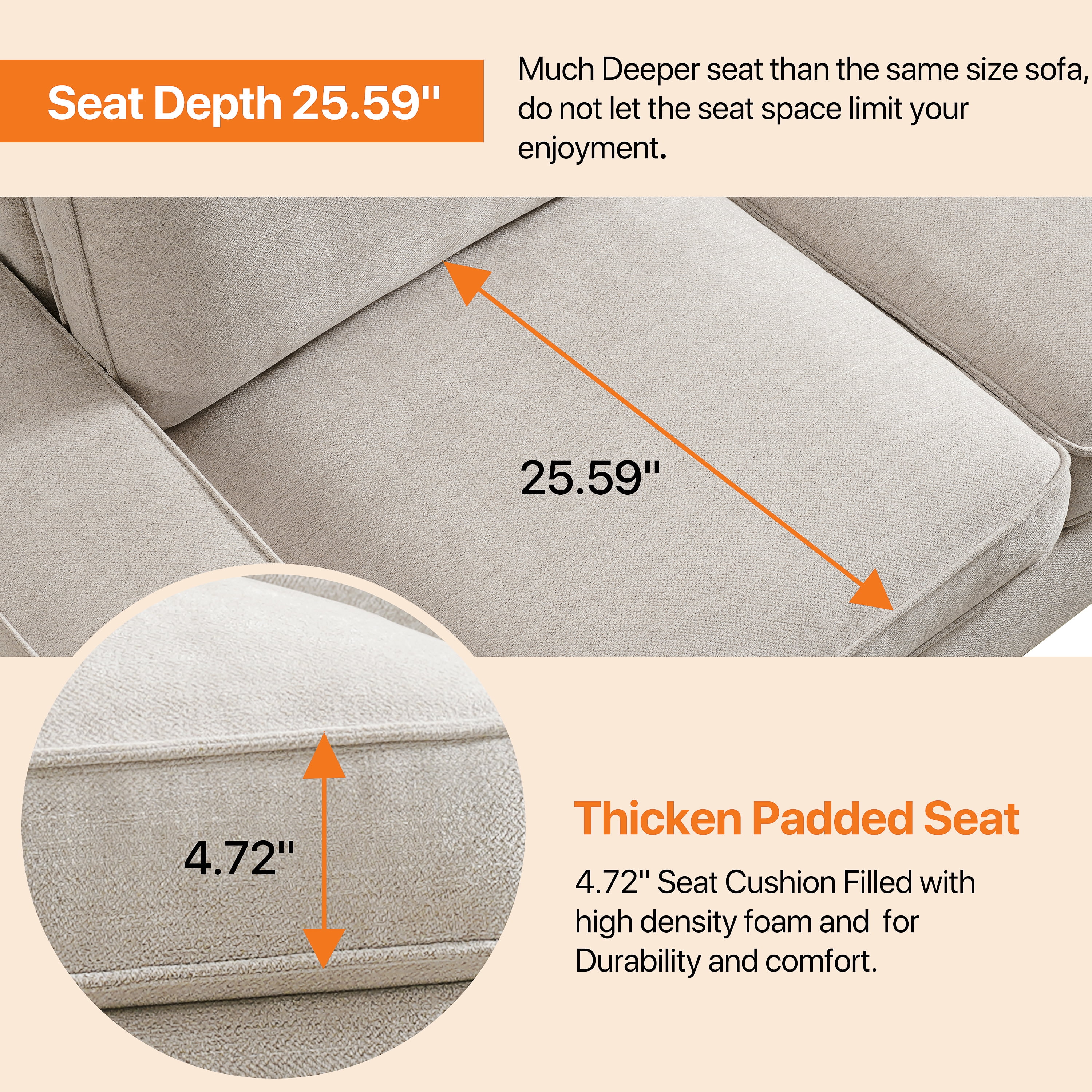 Chenille Loveseat Couch -88.6" Modern Design Sofa with Solid Wood, Metal Frame, Durable，Removable Back Cushion and Seat Cushion, Easy Cleaning(Beige)
