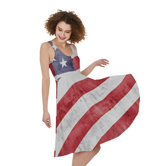 Grunge Usa Flag Print Sleeveless Knee Length Dress, American Flag Fashion Summer Maxi Dress For Women. Gifts For Us Independence Day, 4Th Of July