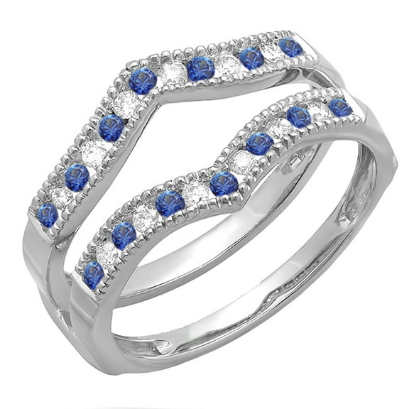 Dazzlingrock Collection 14K White Diamond & Blue Sapphire Ladies Millgrain Anniversary Wedding Guard Ring, White Gold, Size 7.5