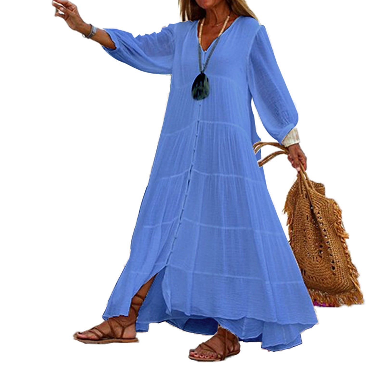 BiZtdJrK Women's Cotton Linen Dress Button Down Long Sleeve V Neck Boho Dresses Casual Pleated Layered Beach Long Dress, Blue, L