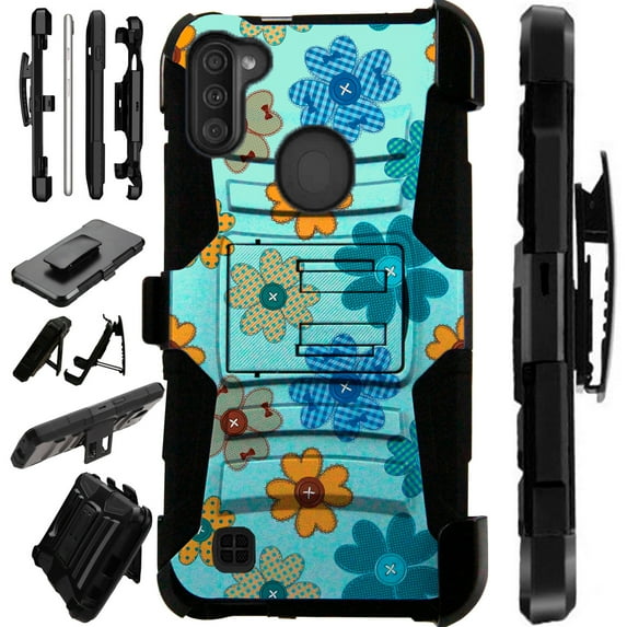 WORLD ACC LuxGuard Holster Case Compatible with Samsung Galaxy A11 Hybrid Phone Cover (Teal Flower Button)