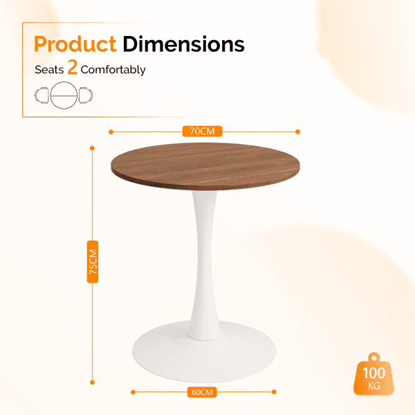Round Tulip Dining Table, 27.6 Inch 2-Seater Kitchen Table, Melamine Laminated MDF Tabletop with Metal Pedestal Base, Easy Assembly Breakfast Table for Apartment Dining Nook, White & Walnut