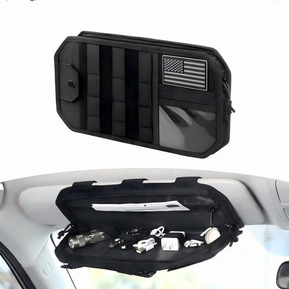 Car Sun Visor Organizer with Zipper Storage Pouch & Glasses Holder, Semi-Rigid Panel for Auto Overland Accessories, Fit Most Cars Trucks Vans