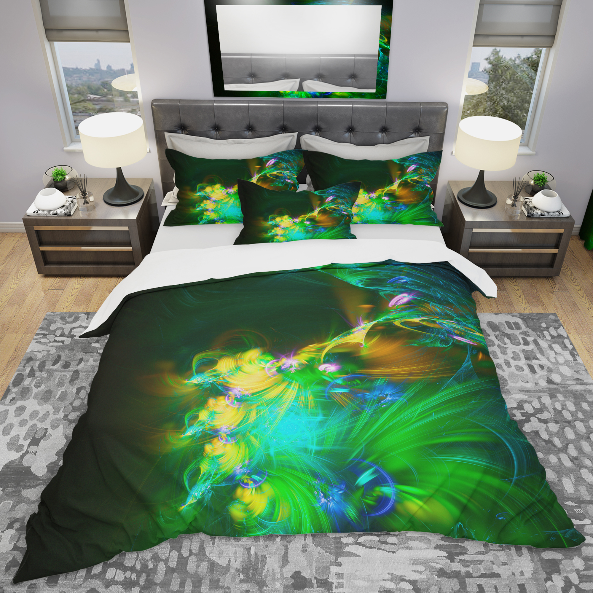 Designart 'Bright Green Fractal Flower in Dark' Modern & Contemporary Duvet Cover Set