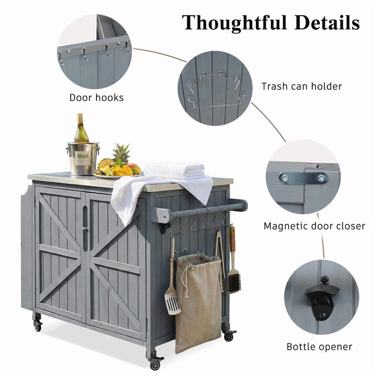 42" Outdoor Kitchen Island with Stainless Steel Top, Fir Wood Grill Cart Outdoor Storage Cabinet with Adjustable Shelf and 4 Wheels