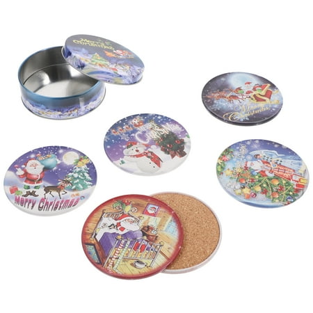 

6pcs Christmas Coasters Round Tinplate Coasters Drink Cups Mat Table Decor