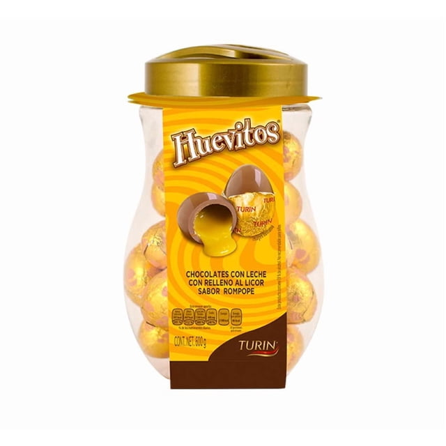 Turin Huevitos Chocolate con Leche Relleno de Licor Sabor Rompope, Vitrolero - 600 g