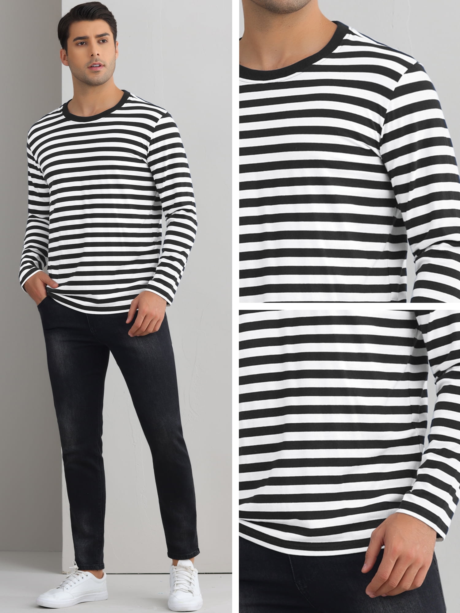 DARING DIVA Men's Striped Sweatshirts Stripes Long Sleeve Casual T-Shirt XL Black White
