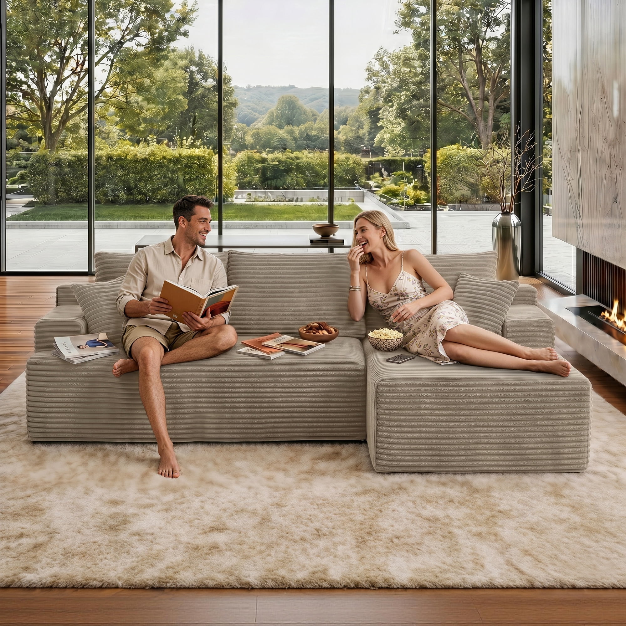 Aukfa 96" Cloud Sectional Couch, Modular L Shaped Boneless Sofa with Right Facing Chaise&2 Storage Pockets, Camel