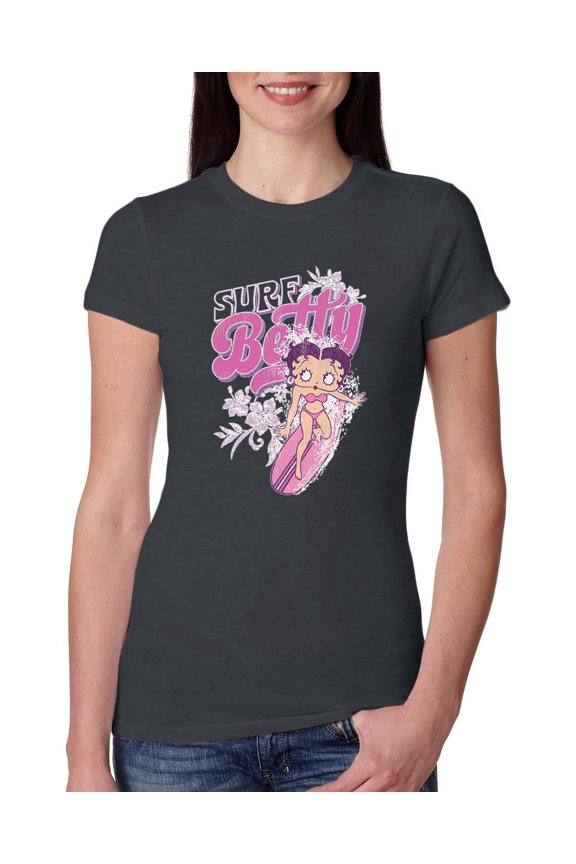 , Shore Surfer Betty Boop Betty Boop Womens Slim Fit Junior Tee, Dark Grey, Large