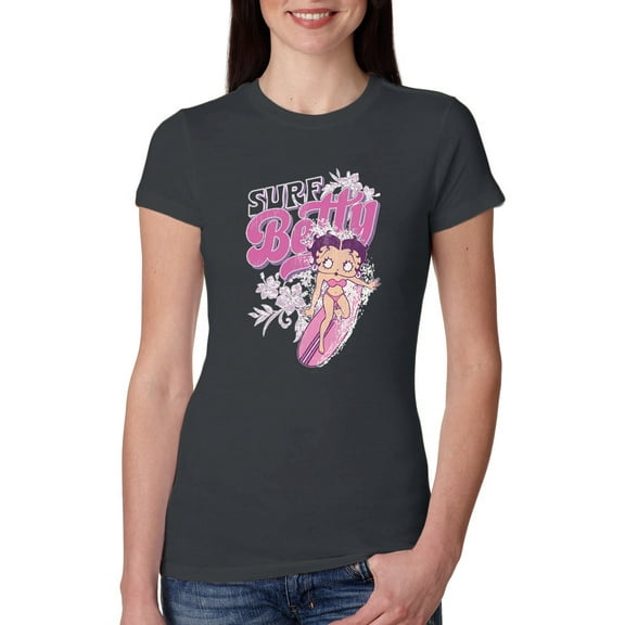 Wild Bobby, Shore Surfer Betty Boop Betty Boop Womens Slim Fit Junior Tee, Dark Grey, Large