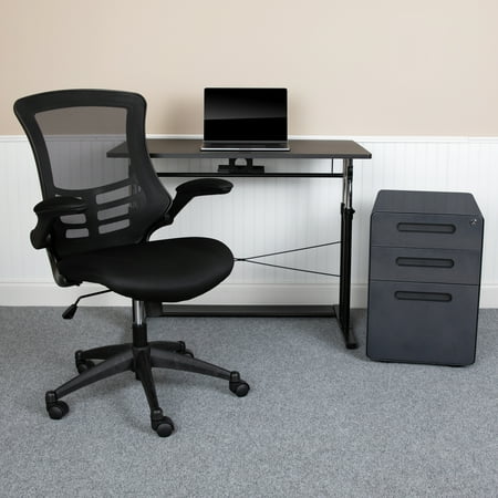 Flash Furniture Work From Home Kit - Adjustable Computer Desk Ergonomic Mesh Office Chair and Locking Mobile Filing Cabinet with Inset Handles