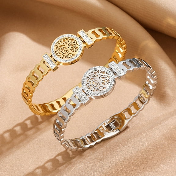 New Stainless Steel Bracelet Tree of Life Round Bracelet Hollow Style Crystal Zircon Bracelet Jewelry for Couples