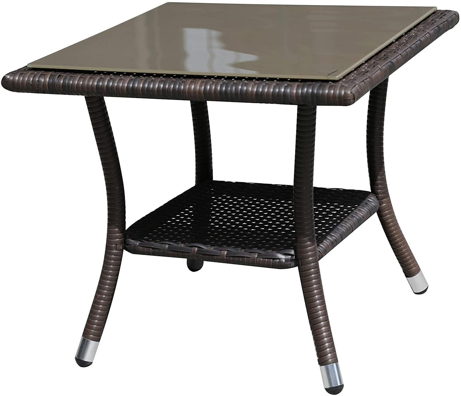 VALITA Outdoor Wicker Glass Top Side Table Patio Rattan Square End Table with Storage Black 
