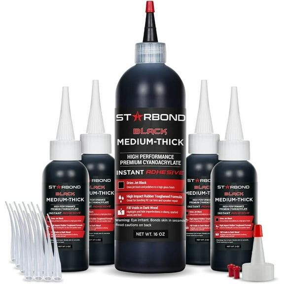 Premium Grade Cyanoacrylate (CA) Super Glue by STARBOND - 16 OZ Complete Refill KIT (453-gram) - Black Medium-Thick Knot Filler 500 CPS Viscosity Adhesive for Woodworking, Woodturning, Carpentry
