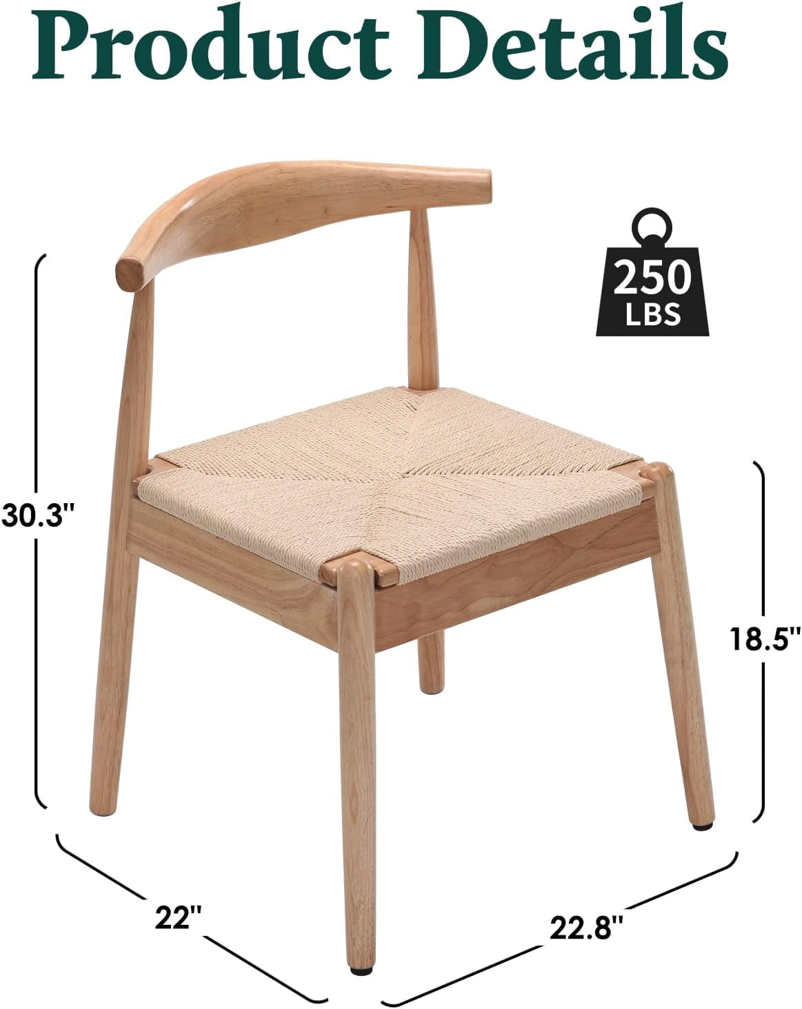 Farini Mid-Century Dining Chairs Set of 2, Solid Wood Frame & Woven Leather Seats, Nature-Beige