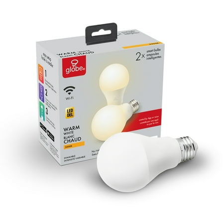 Globe Electric Wi-Fi Smart 60W Equivalent Soft White Frosted LED Light Bulb, No Hub Required, Voice Activated, A19, E26 Base (2-Pack), 34209