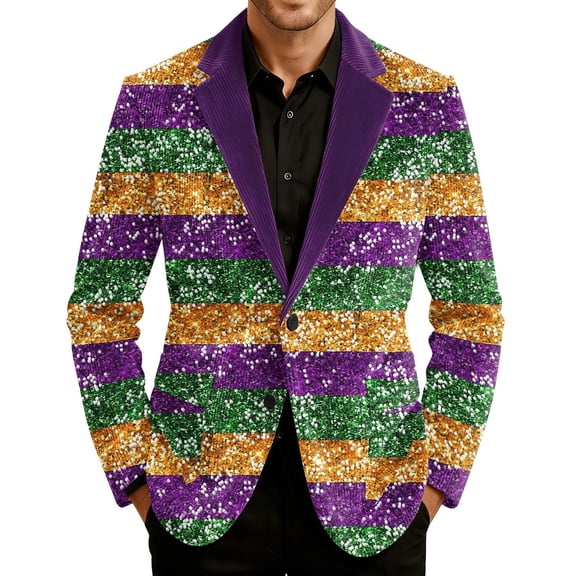 Mardi Gras Blazer for Men Lightweight Corduroy Carnival Themed Pattern Two Button Parada Party Slim Fit Jacket with Pockets